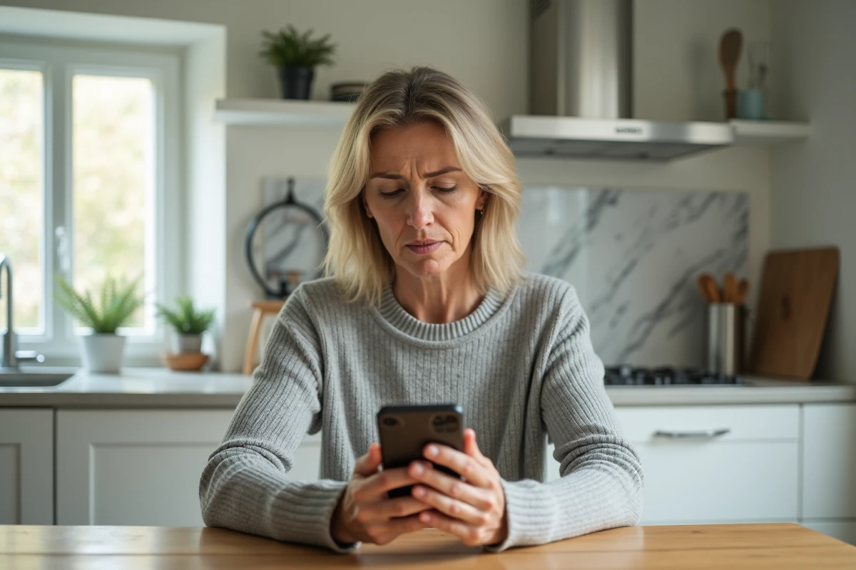 Femme tenant un smartphone et regardant un numéro SVA inconnu affiché sur l'écran