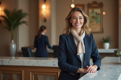Jeune femme souriante dans un hôtel moderne à Toulouse