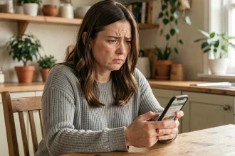 Femme consultant le suivi de colis DPD sur son smartphone avec une expression inquiète