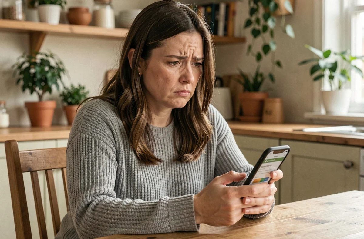 Femme consultant le suivi de colis DPD sur son smartphone avec une expression inquiète
