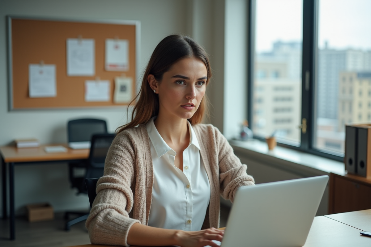 Jeune femme au bureau travaillant sur son ordinateur portable