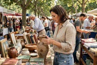 Femme inspectant un vase en céramique vintage sur un stand de vide-grenier un dimanche matin en plein air