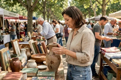 Femme inspectant un vase en céramique vintage sur un stand de vide-grenier un dimanche matin en plein air