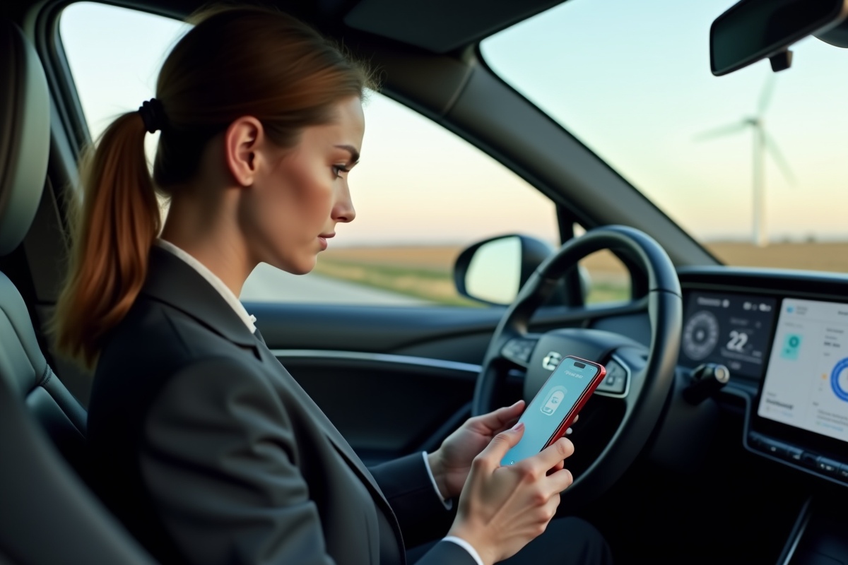 Jeune femme dans une voiture à hydrogène utilisant une application