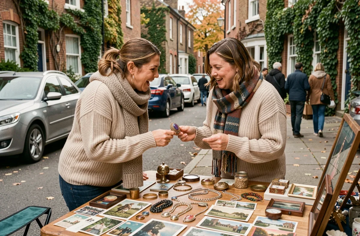 Deux femmes discutant de bijoux vintage et de vieilles cartes postales sur un stand de vide-grenier dans une rue résidentielle