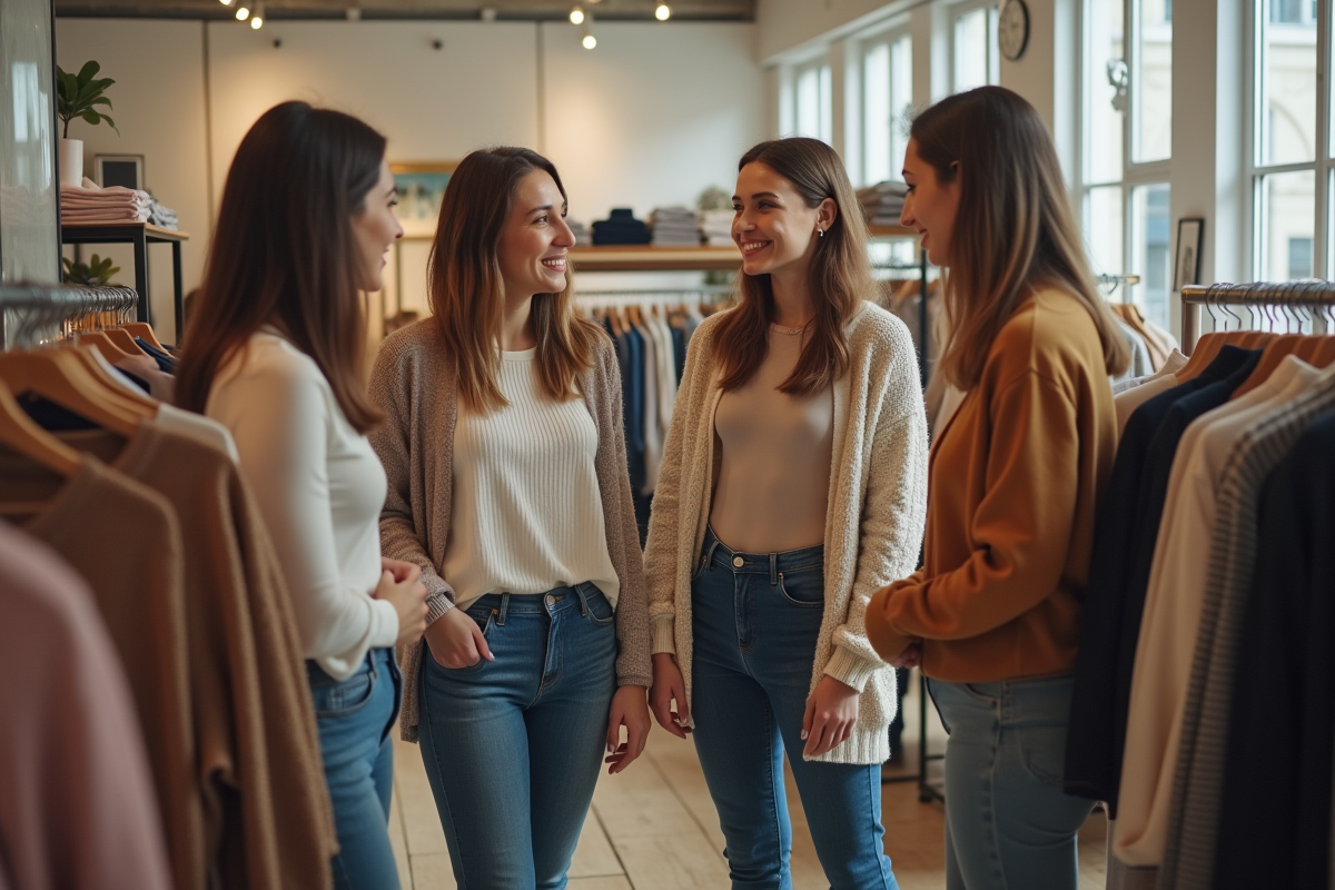 Femmes françaises discutant mode dans une boutique lumineuse