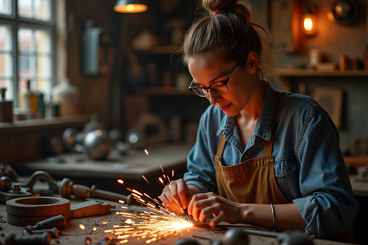 Femme ferronnière travaillant sur des pièces de métal artisanales