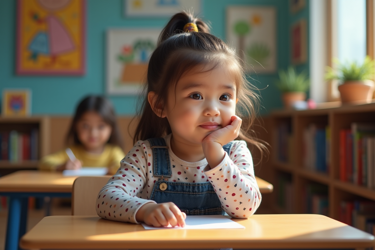 Fille de 8 ans pensant assise à un bureau en classe