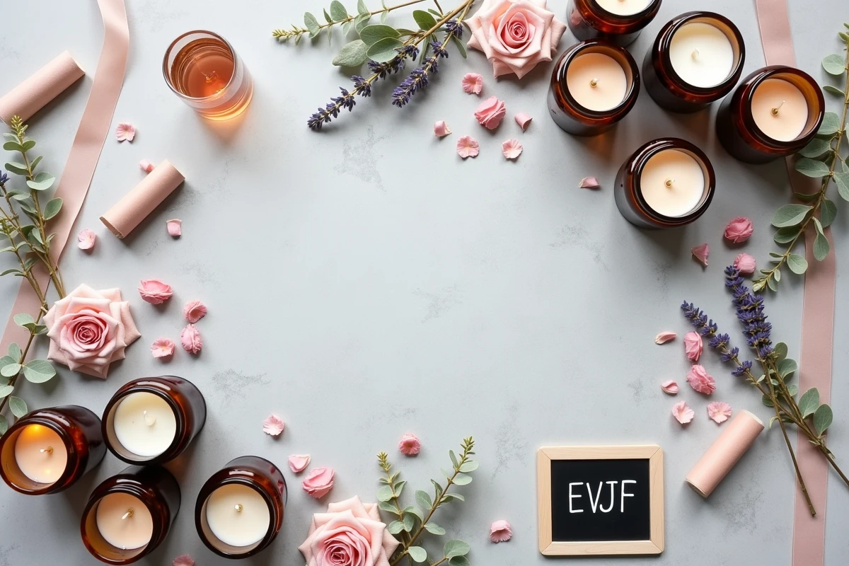 Flat lay élégant des créations d'un atelier bougie EVJF avec bougies artisanales, fleurs séchées, étiquettes personnalisées et verre de rosé