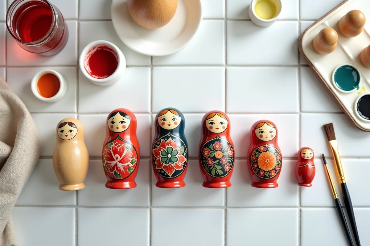 Vue de dessus à plat de poupées russes matriochkas à différents stades de peinture avec pinceaux et palette de couleurs