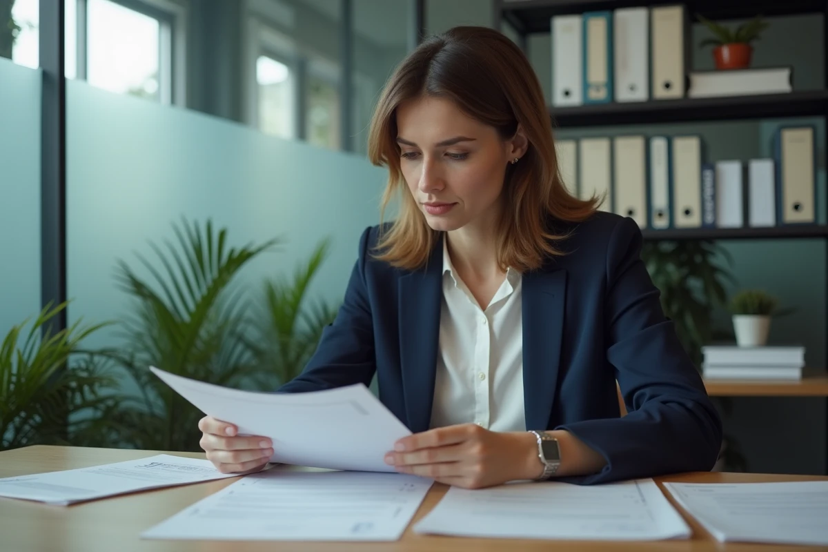 Fonctionnaire territoriale consultant sa grille indiciaire et ses documents administratifs dans un bureau municipal moderne