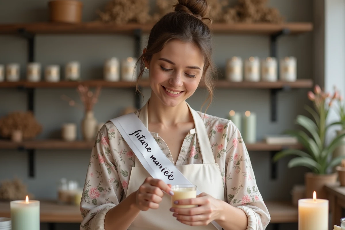 Future mariée souriante portant un sash blanc lors d'un atelier candlelight pour son EVJF, concentrée sur la création d'une bougie artisanale
