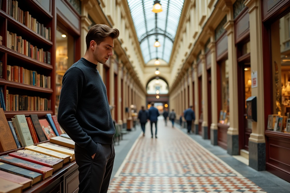 Jeune homme feuilletant des livres anciens dans la Galerie Vivienne près de la rue Vivienne à Paris