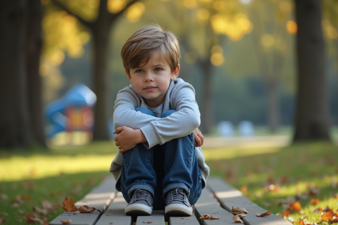 Garçon de 10 ans assis seul sur un banc dans un parc