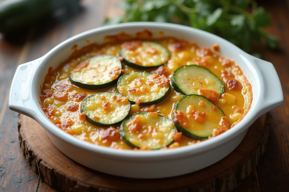 Gratin de courgette et patate fraîchement cuit dans un plat blanc