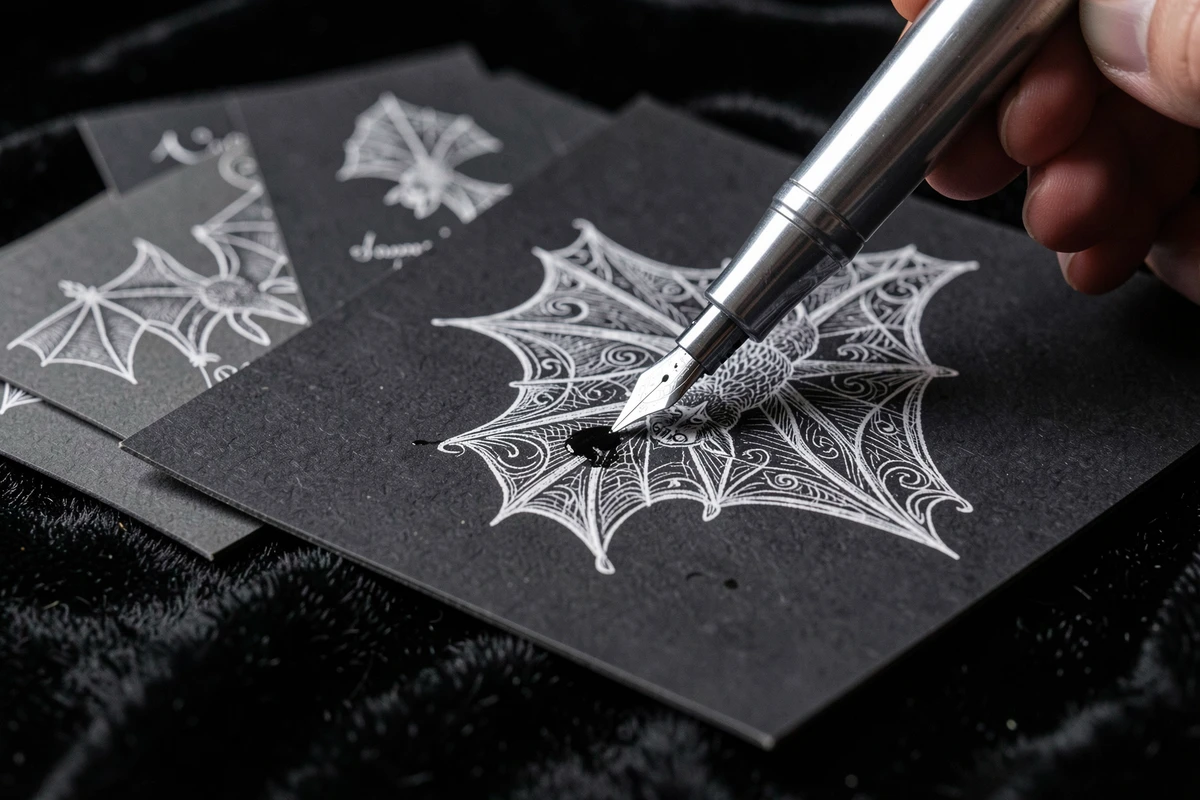 Gros plan sur un dessin de chauve-souris Halloween tracé à la plume argentée sur carton noir pour carte d'invitation personnalisée