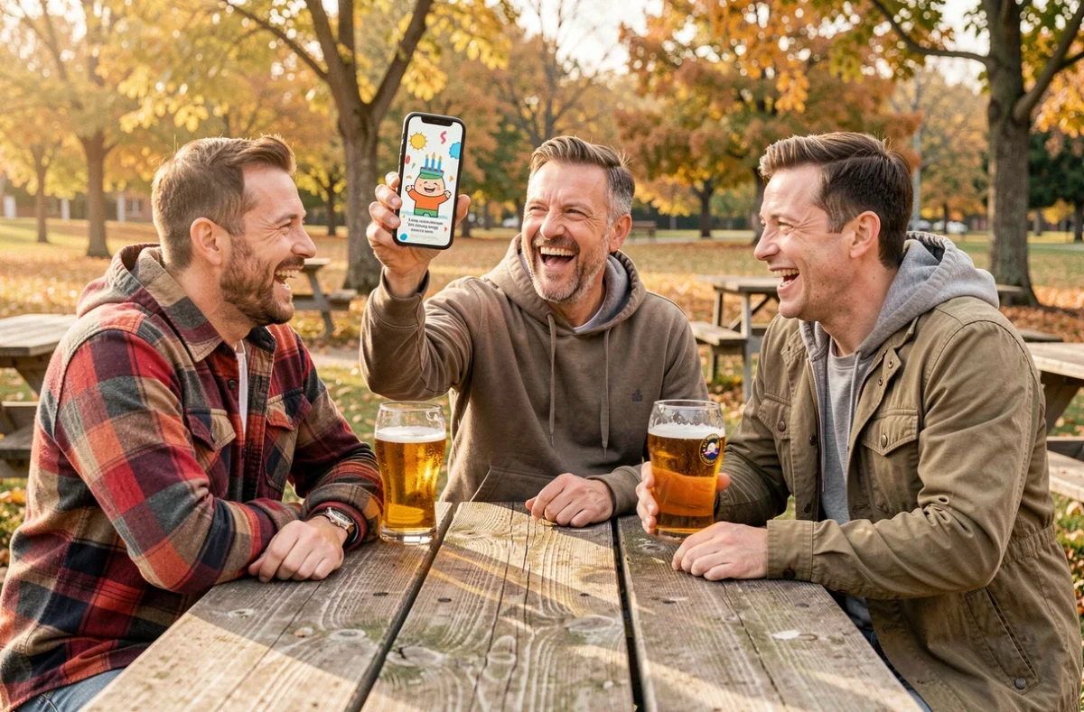 Groupe d'amis hommes célébrant un anniversaire en plein air avec un gif animé sur smartphone