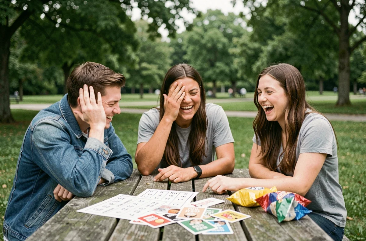 Groupe d'amis réagissant à des blagues nulles autour d'une table de pique-nique dans un parc