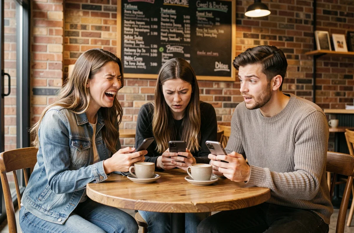 Groupe d'amis en compétition sur le jeu Motus multijoueur en ligne depuis un café