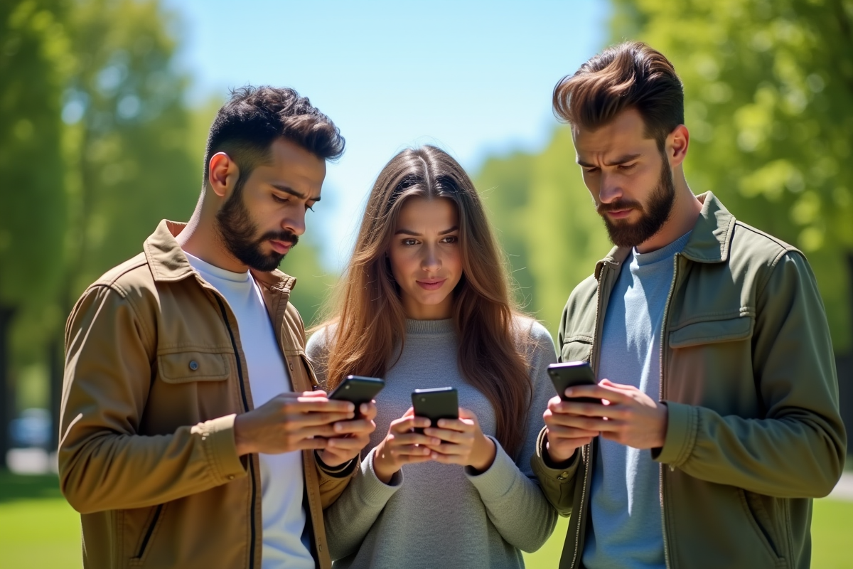 Trois personnes dans un parc vérifiant leur signal mobile