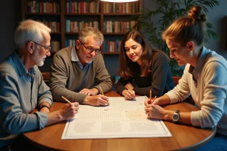 Groupe de quatre adultes résolvant un crossword ensemble