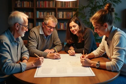 Groupe de quatre adultes résolvant un crossword ensemble