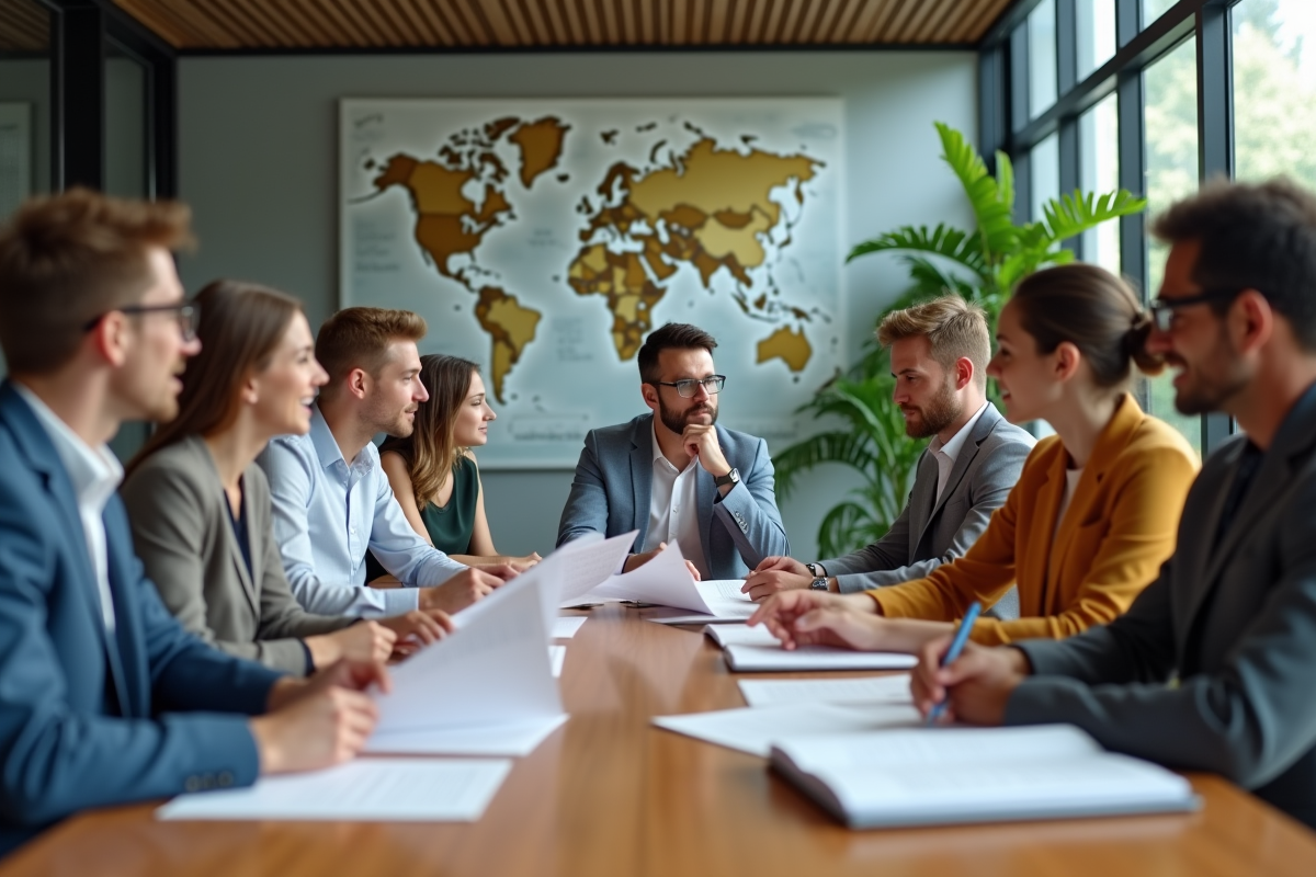 Groupe diversifié en réunion de travail en salle moderne