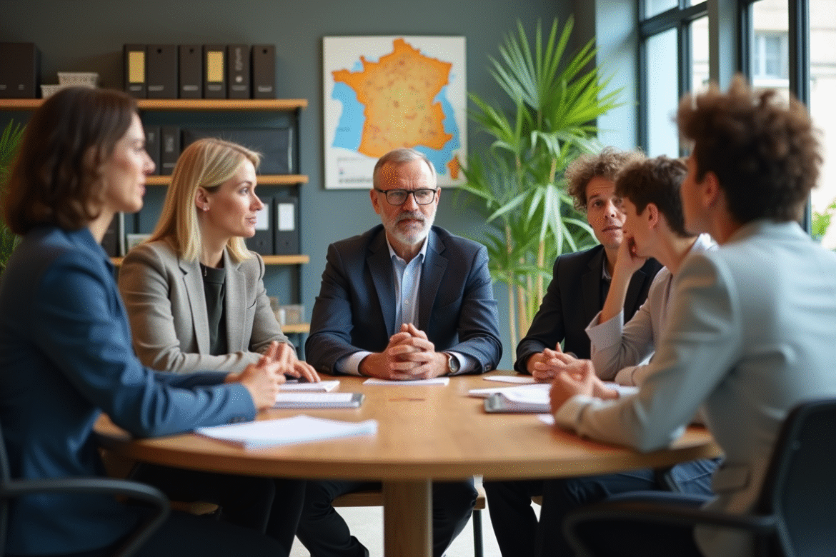 Groupe de personnes en réunion dans un bureau municipal
