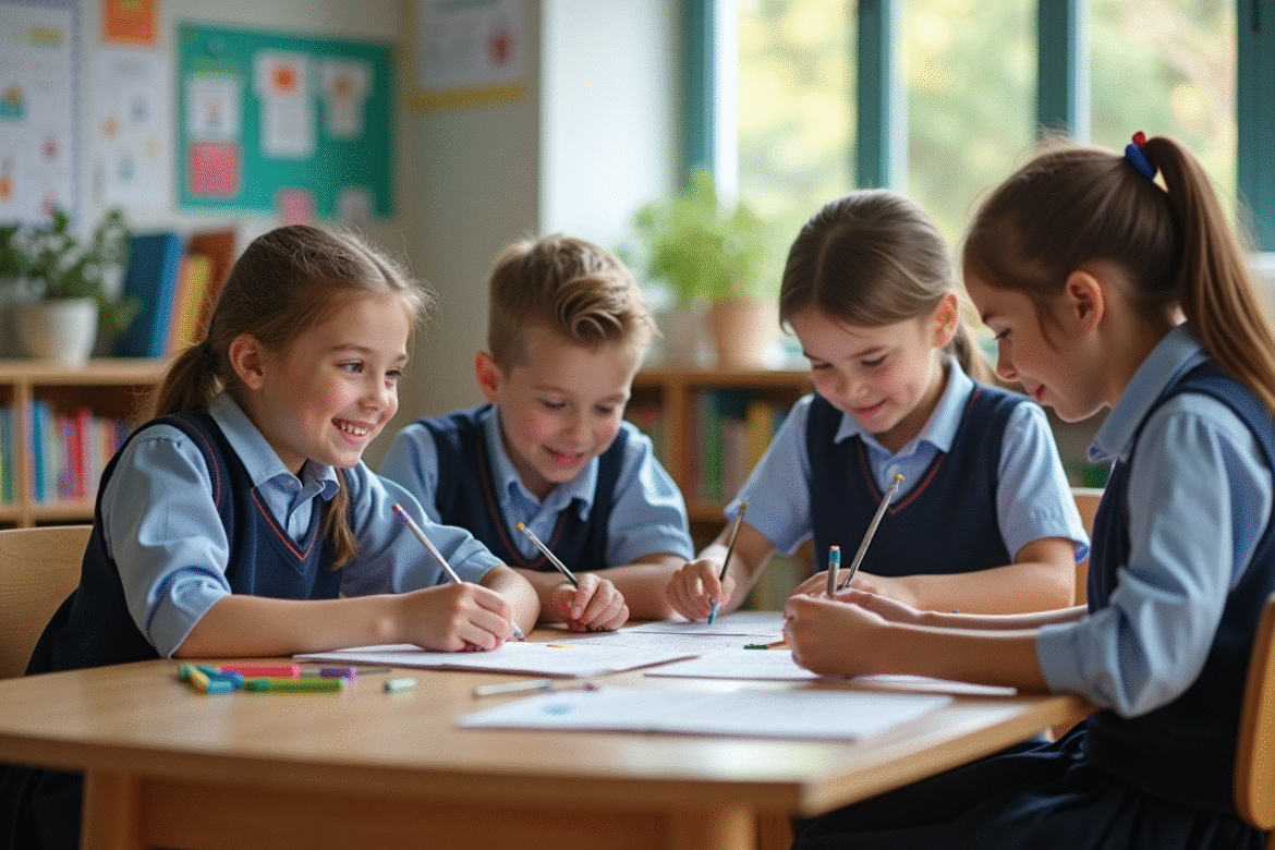 Groupe d'enfants en uniforme lors d'un projet scientifique