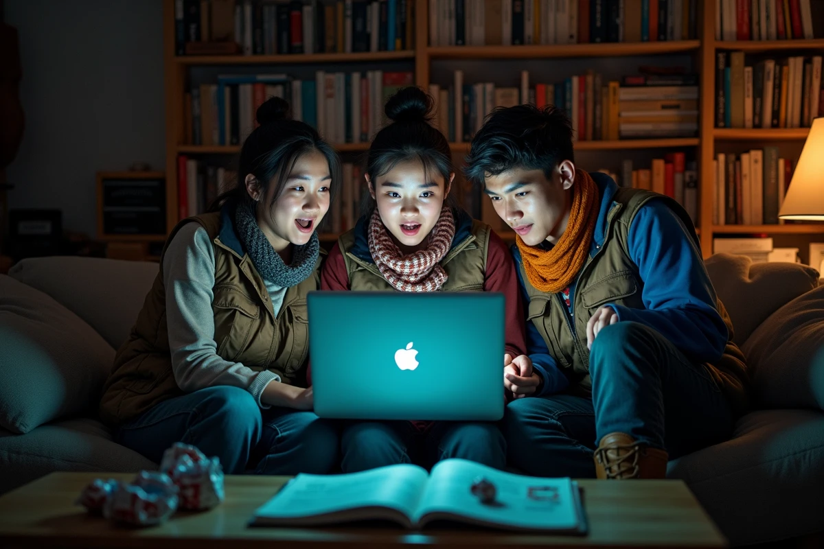 Trois jeunes adultes lisant le scan One Piece 1143 sur un ordinateur portable dans un appartement décoré de mangas