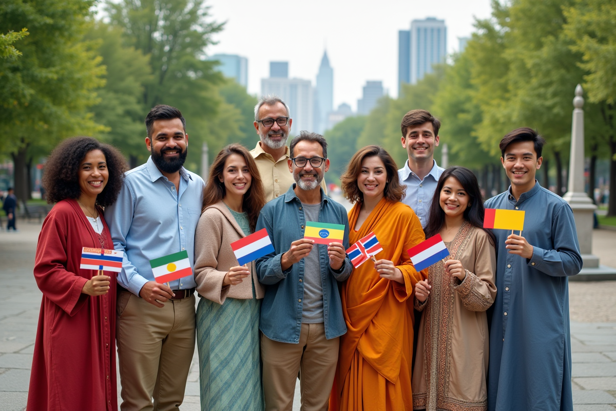 Groupe international avec drapeaux dans un parc urbain