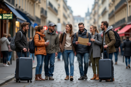 Groupe d'adultes divers en voyage dans une rue parisienne