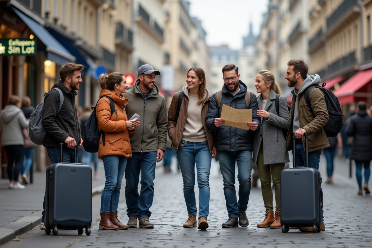 Groupe d'adultes divers en voyage dans une rue parisienne