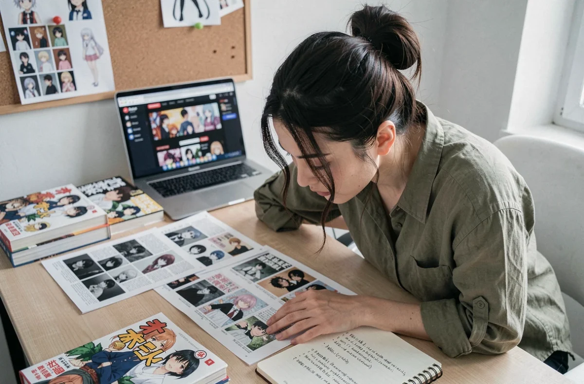 Jeune femme consultant un guide d'ordre de lecture Demon Slayer avec des scans et un carnet de notes sur un bureau moderne