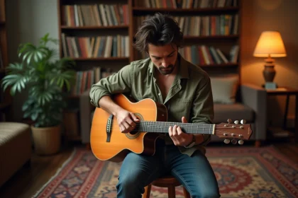 Guitariste jouant L'encre de tes yeux de Cabrel en fingerstyle sur une guitare acoustique dans un salon chaleureux
