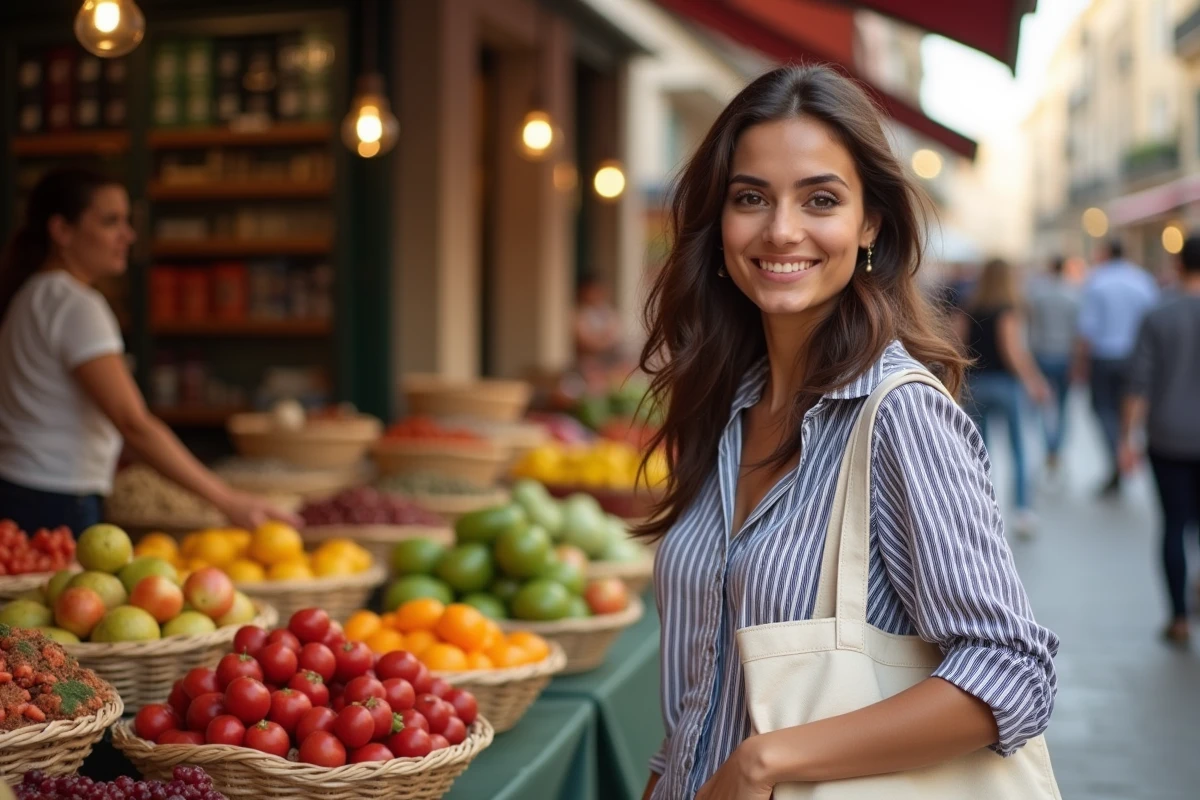 Jeune femme habitante de Marseille faisant ses courses au marché de Noailles, symbole de la diversité culturelle de la ville en 2026