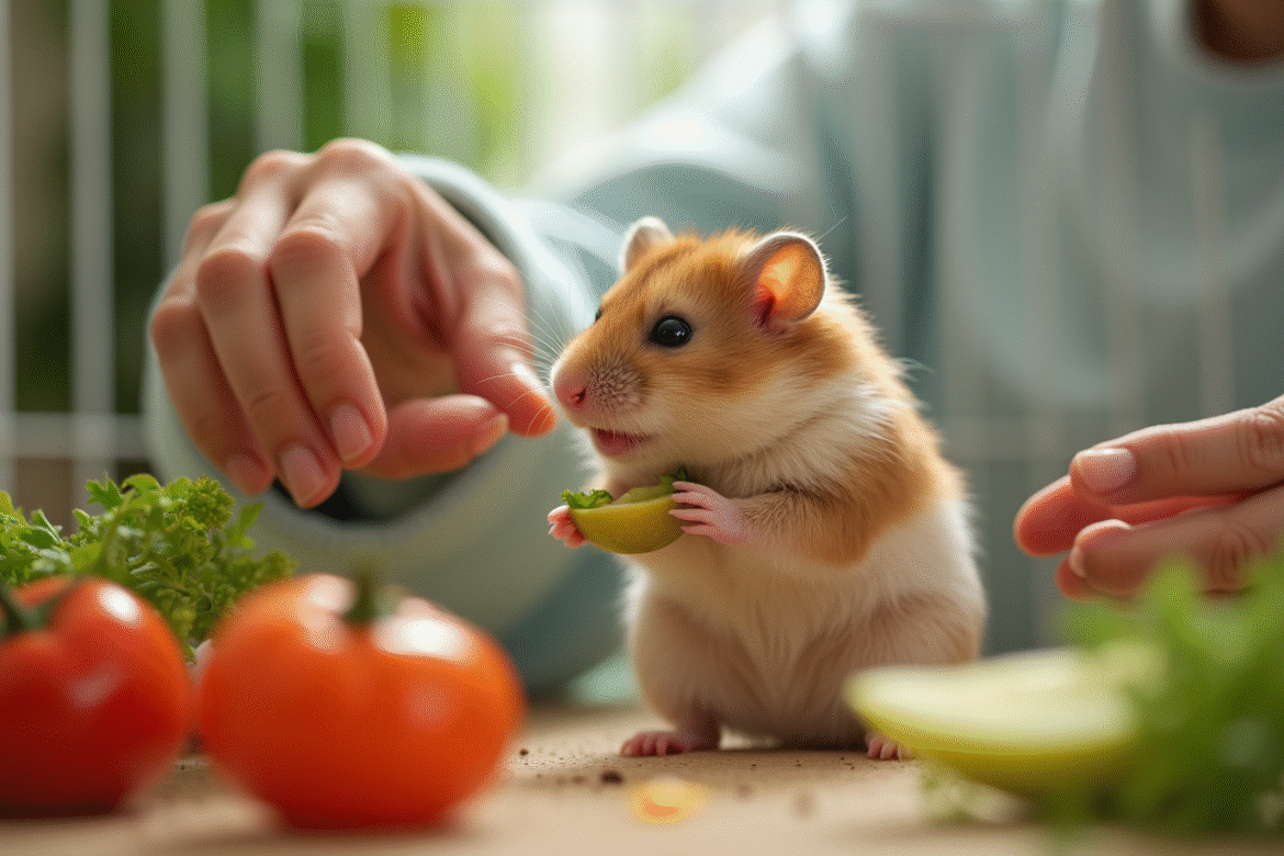 Main douce donnant des légumes à un hamster pelucheux