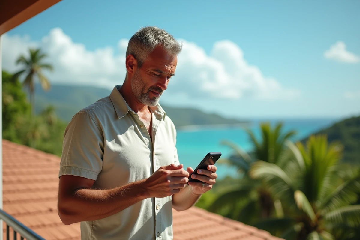 Homme consultant l'heure sur son téléphone depuis une terrasse en Martinique avec vue sur la mer des Caraïbes