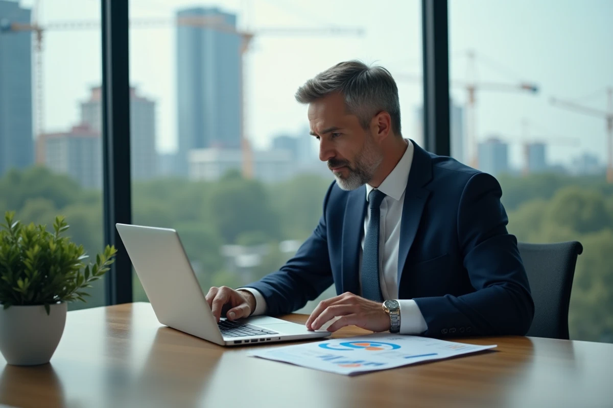 Homme d'affaires en costume bleu étudiant des graphiques immobiliers