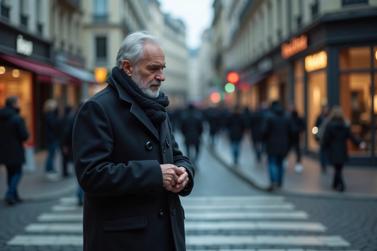 Homme d age regardant sa montre dans une rue animée