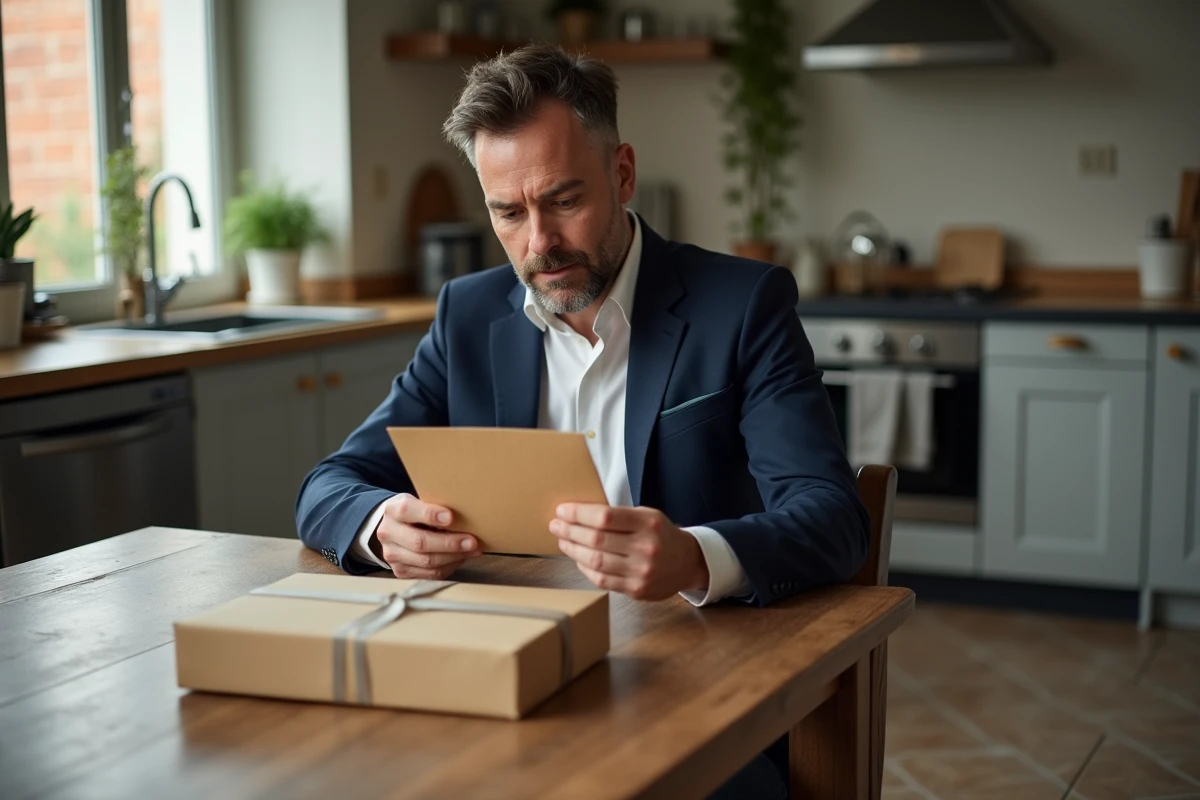 Homme d'âge moyen avec colis dans la cuisine