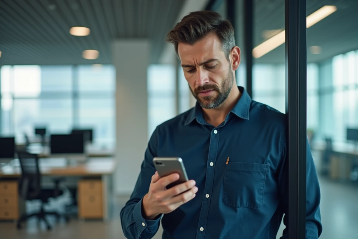 Homme en bureau vérifiant un numéro de téléphone SVA surtaxé affiché sur son smartphone