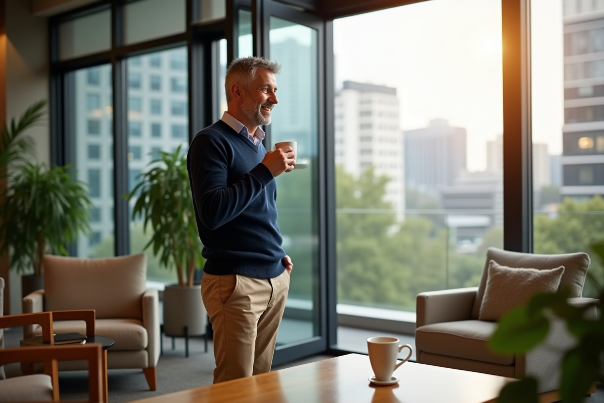 Homme souriant buvant un café dans un lounge lumineux