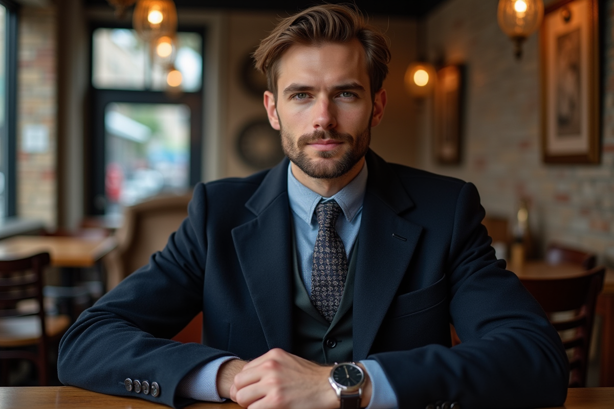 Homme au café portant cravate et montre classique