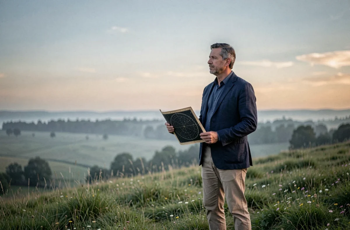 Homme debout sur une colline tenant une carte céleste vintage et contemplant l'horizon, évoquant la quête de sens et la mission de vie liée au signe astrologique du 12 juillet