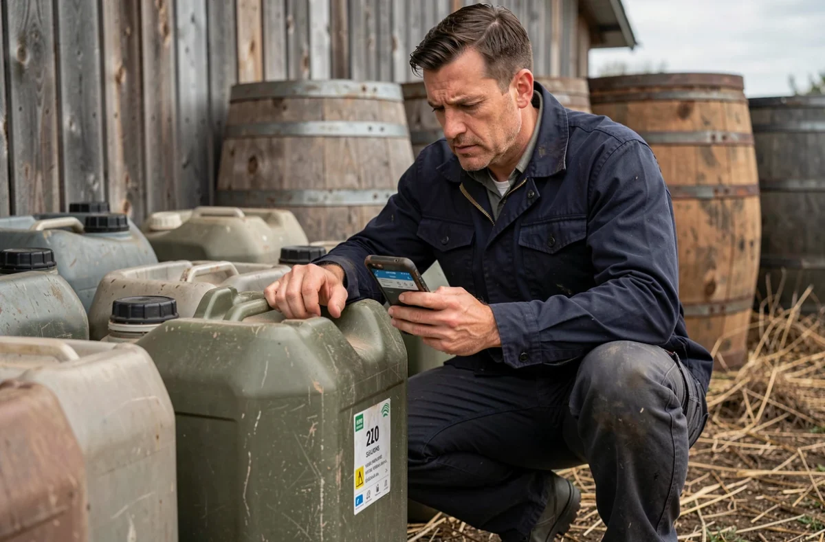Homme consultant un convertisseur de litres sur mobile à côté de grands contenants agricoles en plein air