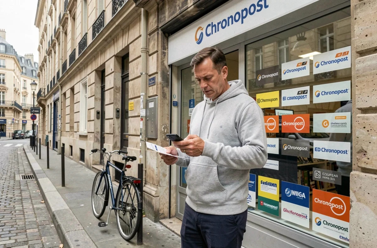 Homme consultant son téléphone devant la devanture d'un point relais Chronopost en rue urbaine