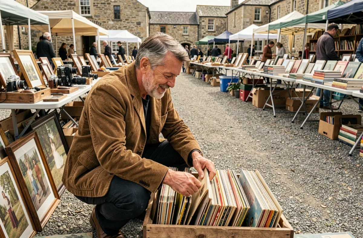 Homme parcourant des disques vinyles anciens dans une caisse en bois lors d'un vide-grenier en plein air