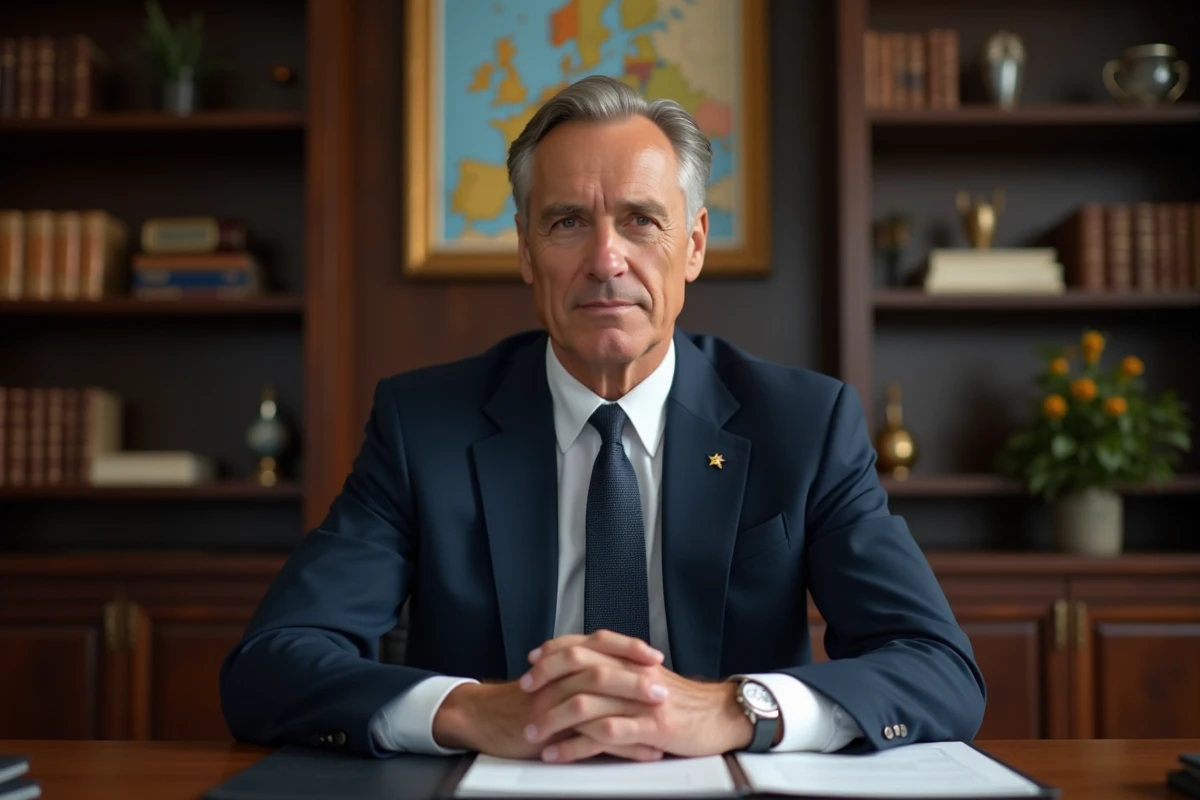 Homme européen en costume navy dans un bureau professionnel