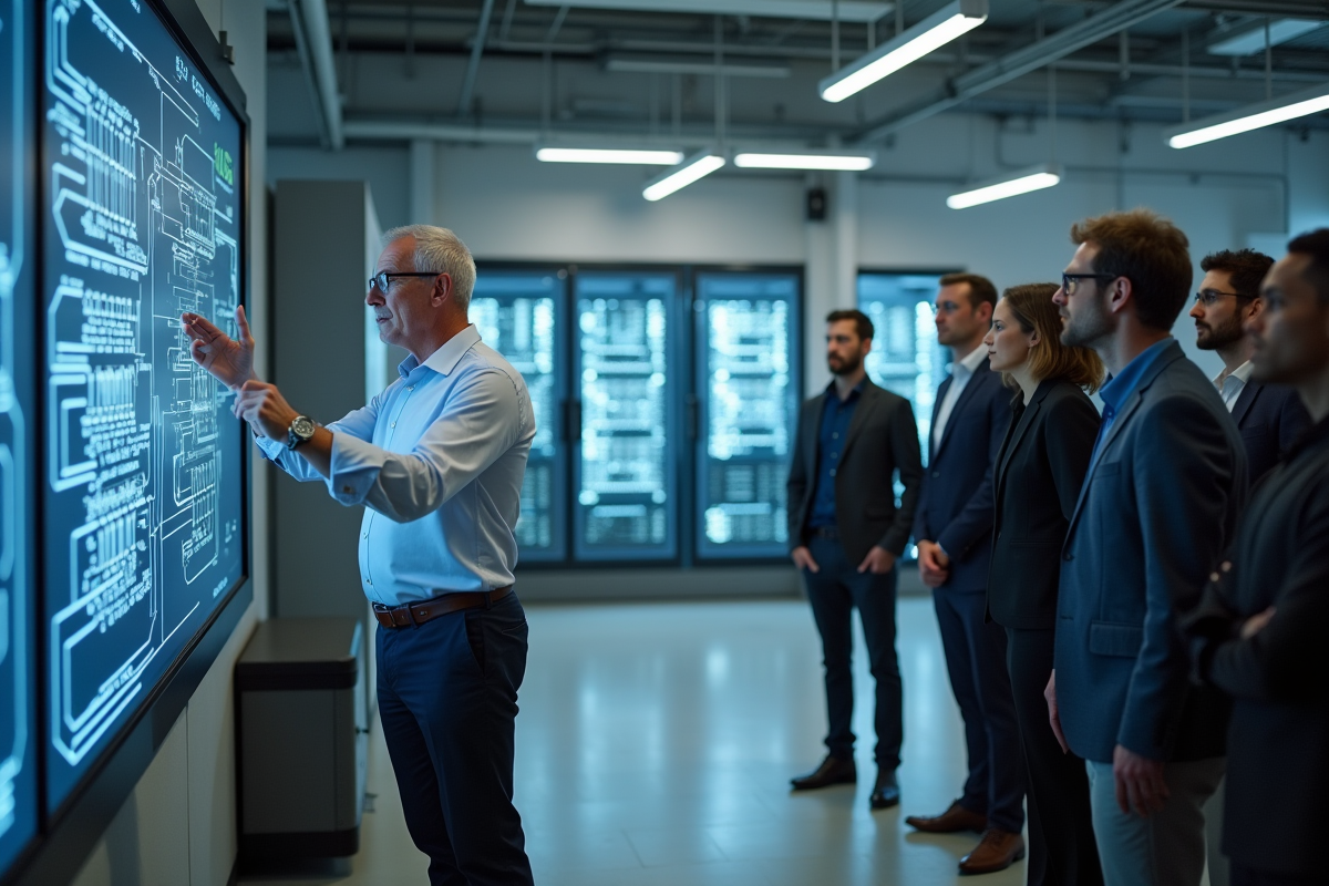 Homme expliquant un schema dans un laboratoire hightech